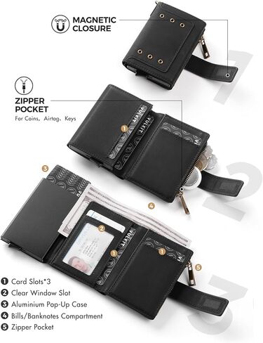 VULKIT Trifold Mens Smart Wallet with Chain, Aluminum POP UP Card Case RFID Protected, ID Window, Zipper Pocket for Coins and Compartment for Bills/Banknotes, Carbon Black in Kuwait