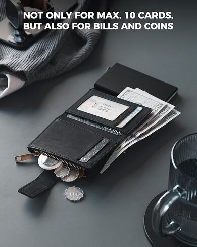 VULKIT Trifold Mens Smart Wallet with Chain, Aluminum POP UP Card Case RFID Protected, ID Window, Zipper Pocket for Coins and Compartment for Bills/Banknotes, Carbon Black in Kuwait