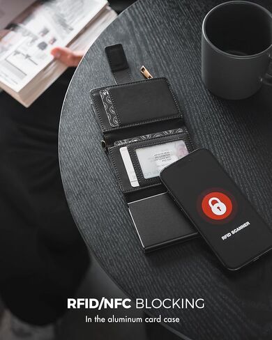 VULKIT Trifold Mens Smart Wallet with Chain, Aluminum POP UP Card Case RFID Protected, ID Window, Zipper Pocket for Coins and Compartment for Bills/Banknotes, Carbon Black in Kuwait