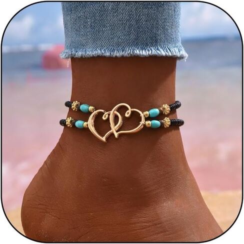 Ankle Bracelets for Women Waterproof Heart Beaded Anklet Layered Elastic Beaded Anklet Boho Beach Stretchy Anklets Foot Jewelry for Beach Accessories for Summer in Kuwait
