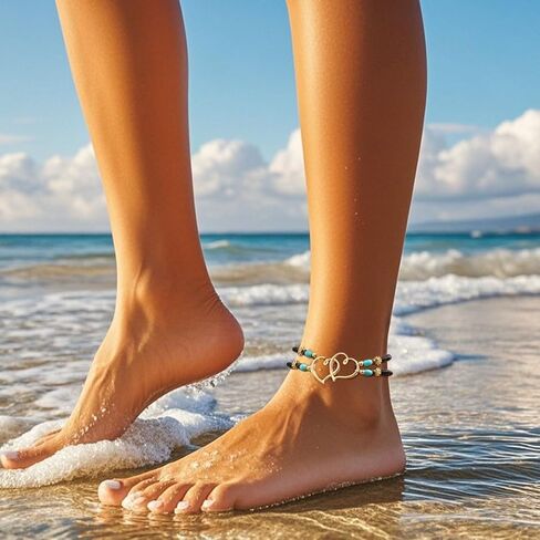 Ankle Bracelets for Women Waterproof Heart Beaded Anklet Layered Elastic Beaded Anklet Boho Beach Stretchy Anklets Foot Jewelry for Beach Accessories for Summer in Kuwait