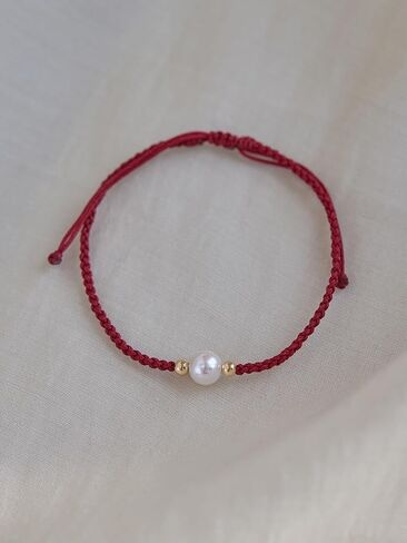 Mnyixsi Fashion Simple Red Lucky Braided Strand Bracelet for Women Gold Handmade Dainty Beads Pearl Adjustable Link Rope Bracelets Good Prospects Blessing Sign for Women Jewelry Gift Red in Saudi Arabia