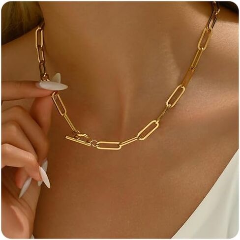 18K Gold Plated Chunky Chain Necklace for Women Dainty Cuban Paperclip Chain Toggle Bar Clasp Necklace Thick Trendy Layering Gold Chain Link Stainless Steel Jewelry in Saudi Arabia