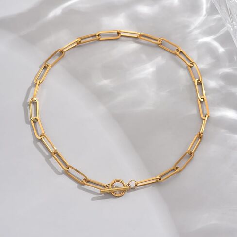 18K Gold Plated Chunky Chain Necklace for Women Dainty Cuban Paperclip Chain Toggle Bar Clasp Necklace Thick Trendy Layering Gold Chain Link Stainless Steel Jewelry in Saudi Arabia