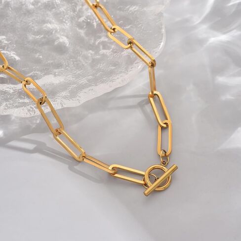 18K Gold Plated Chunky Chain Necklace for Women Dainty Cuban Paperclip Chain Toggle Bar Clasp Necklace Thick Trendy Layering Gold Chain Link Stainless Steel Jewelry in Saudi Arabia