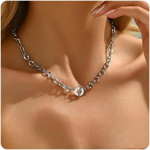 18K Gold Plated Chunky Chain Necklace for Women Dainty Cuban Paperclip Chain Toggle Bar Clasp Necklace Thick Trendy Layering Gold Chain Link Stainless Steel Jewelry in Saudi Arabia