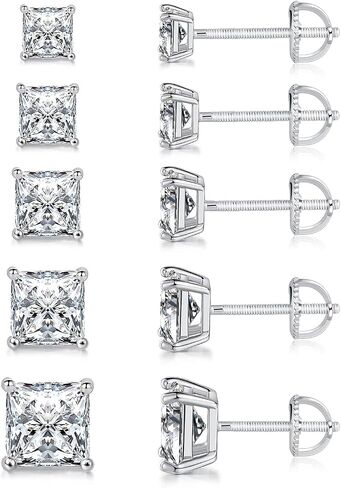 18K Gold Plated Princess Cut Cubic Zirconia Screw Back Stud Earring Pack of 5 Pairs (5 Pairs) in Saudi Arabia