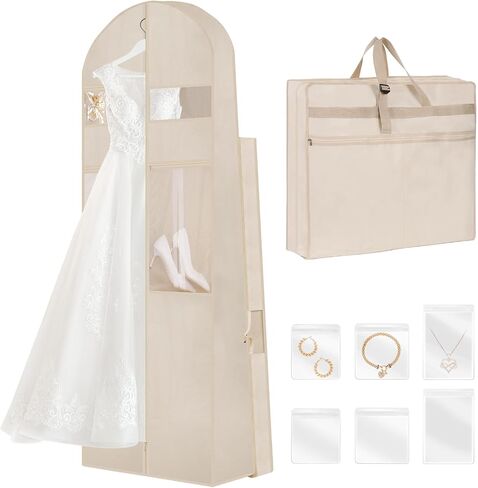 Wedding Dress Garment Bag,72’ Tri-Fold Bridal Gown Bag with 6 Pouches and Adjustable Buckle Gown Cover for Wedding/Prom/Travel/Closet Storage (Beige) in Saudi Arabia