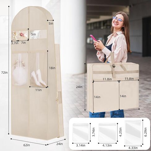 Wedding Dress Garment Bag,72’ Tri-Fold Bridal Gown Bag with 6 Pouches and Adjustable Buckle Gown Cover for Wedding/Prom/Travel/Closet Storage (Beige) in Saudi Arabia