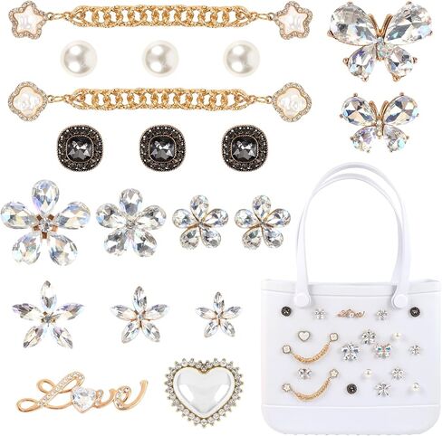 Bling Accessories for BOGG Bags - 22PCS Flower, Letter & Pearl Chain Charms,Easy-Clip Rhinestone Decorations for Beach Totes, Crochet & Rubber Bags in Kuwait