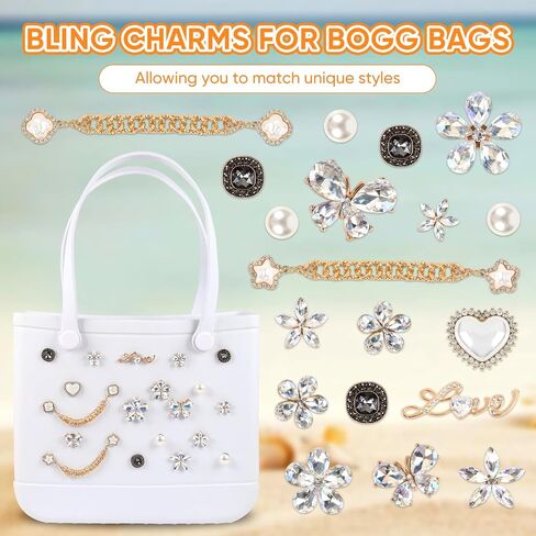 Bling Accessories for BOGG Bags - 22PCS Flower, Letter & Pearl Chain Charms,Easy-Clip Rhinestone Decorations for Beach Totes, Crochet & Rubber Bags in Kuwait