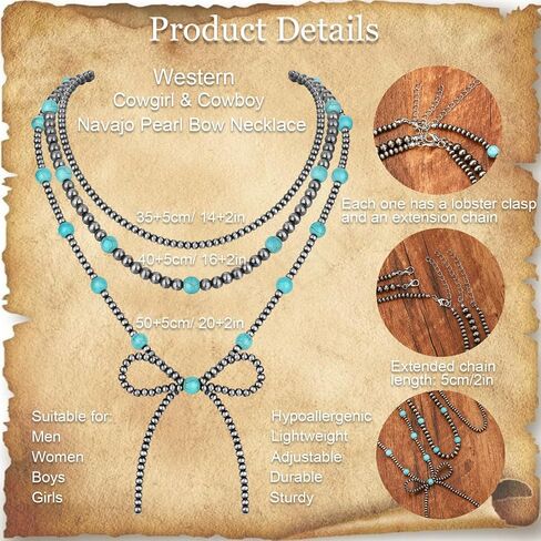 3pcs قلادة لؤلؤة Navajo للنساء القلادة الغربية للنساء رعاة البقر القابلة للتكديس Navajo Pearl Bow Necklace in Kuwait