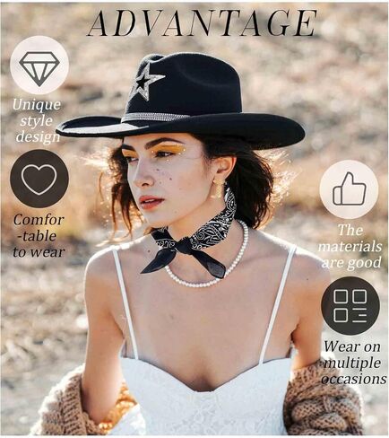 Rhinestone Cowboy Hat and Earring Set with Bandana, Western Cowgirl Boots Earrings and Felt Fedora for Women Men Rodeo Outfit in Saudi Arabia