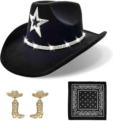 Rhinestone Cowboy Hat and Earring Set with Bandana, Western Cowgirl Boots Earrings and Felt Fedora for Women Men Rodeo Outfit in Saudi Arabia