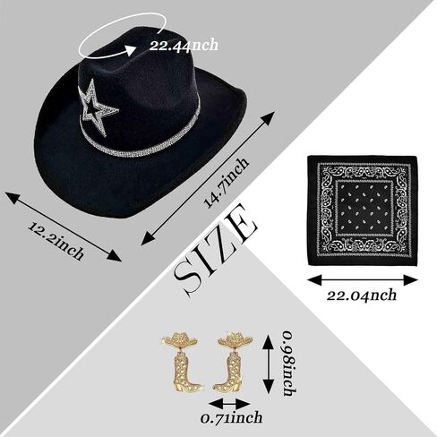 Rhinestone Cowboy Hat and Earring Set with Bandana, Western Cowgirl Boots Earrings and Felt Fedora for Women Men Rodeo Outfit in Saudi Arabia
