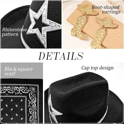 Rhinestone Cowboy Hat and Earring Set with Bandana, Western Cowgirl Boots Earrings and Felt Fedora for Women Men Rodeo Outfit in Saudi Arabia