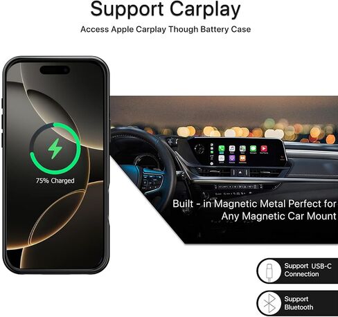 حافظة بطارية لهاتف iPhone 16، أحدث حافظة شاحن ممتدة وقابلة لإعادة الشحن بسعة 10000 مللي أمبير في الساعة عالية السعة وشحن لاسلكي متوافقة مع iPhone 16 (6.1 بوصة) وحقيبة شحن وCarplay (أسود) in Kuwait