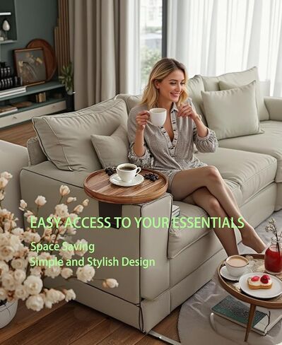 Acacia Wood Couch Arm Table, Adjustable & Removable Couch Arm Tray with Phone Holder, Clip On Armrest Tray for Wide Thin Couch, Wooden Arm Chair Table Tray for TV Dinners/Drinks/Remotes/Snacks in Saudi Arabia