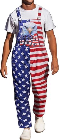 Men American Flag Overalls Adjustable Strap Summer Long Jumpsuits in Kuwait