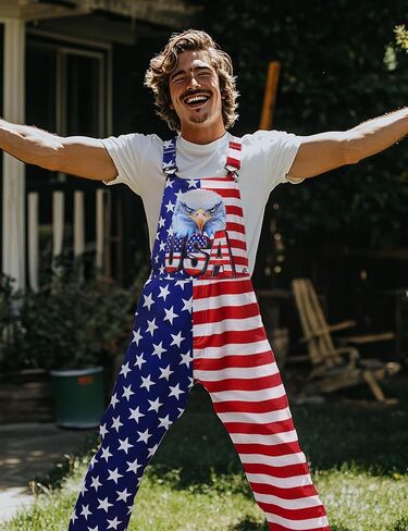 Men American Flag Overalls Adjustable Strap Summer Long Jumpsuits in Kuwait