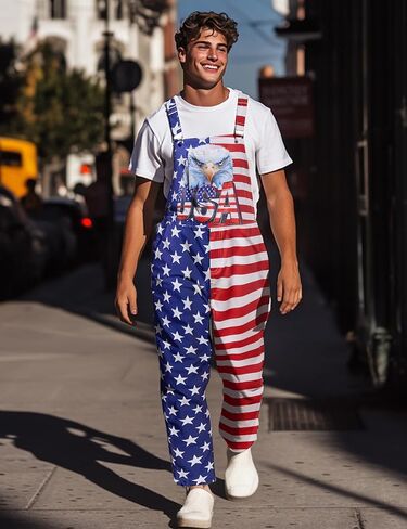 Men American Flag Overalls Adjustable Strap Summer Long Jumpsuits in Kuwait