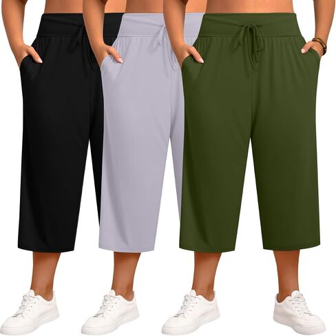 Neer 3 Pack Women's Capris Plus Size Yoga Lounge Pants Wide Leg High Waist Drawstring Cropped Cotton Sweatpants with Pockets in Saudi Arabia