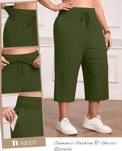 Neer 3 Pack Women's Capris Plus Size Yoga Lounge Pants Wide Leg High Waist Drawstring Cropped Cotton Sweatpants with Pockets in Saudi Arabia