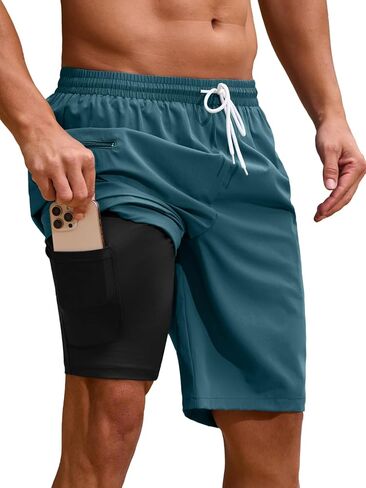 Mens Swim Trunks with Compression Liner 9 Inch Quick Dry 2 in 1 Swimming Board Shorts Bathing Suit w/Zipper Pockets in Saudi Arabia