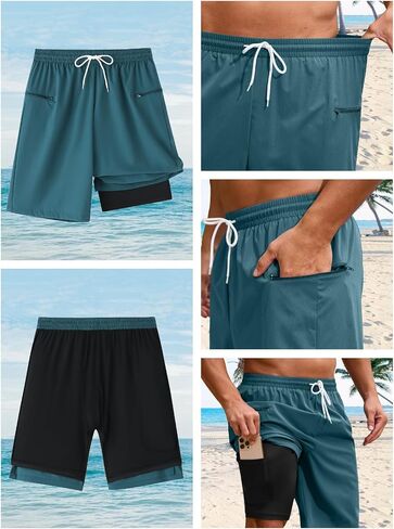 Mens Swim Trunks with Compression Liner 9 Inch Quick Dry 2 in 1 Swimming Board Shorts Bathing Suit w/Zipper Pockets in Saudi Arabia