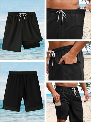 Mens Swim Trunks with Compression Liner 9 Inch Quick Dry 2 in 1 Swimming Board Shorts Bathing Suit w/Zipper Pockets in Kuwait