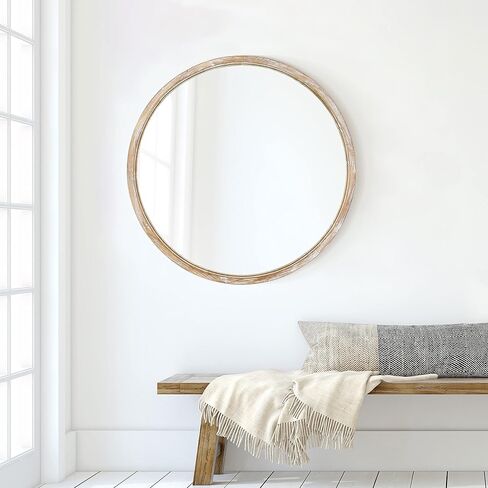 30 inch Round Wall Mirror for Bathroom, Large Circle Vanity Mirror for Wall Decor, Wooden Frame for Entryway Bedroom Living Room, Natural Rustic in Saudi Arabia