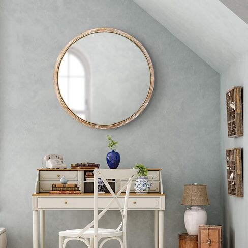 30 inch Round Wall Mirror for Bathroom, Large Circle Vanity Mirror for Wall Decor, Wooden Frame for Entryway Bedroom Living Room, Natural Rustic in Saudi Arabia