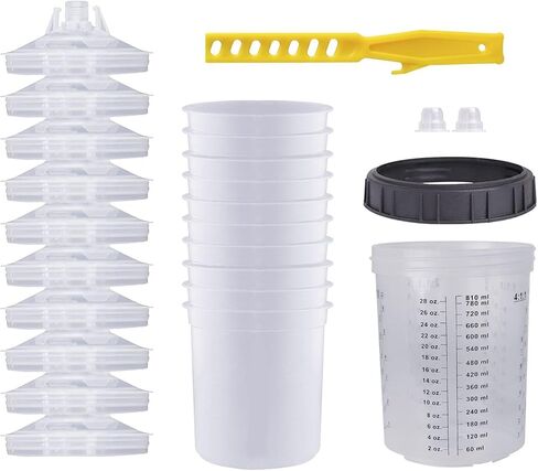Disposable Paint Sprayer Mixing Cup for Automotive Paint Gun, HVLP Paint Spray Paint Gun 20 Ounce (600ml) Kit with 10 Cups and Lids System, 1 Hard Cup with Retainer Ring and 2 Plugs in Saudi Arabia