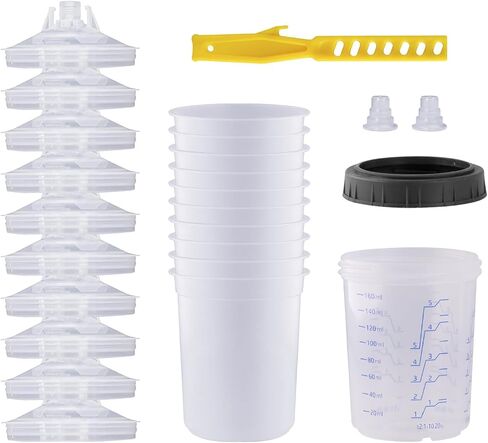 Disposable Paint Sprayer Mixing Cup for Automotive Paint Gun, HVLP Paint Spray Paint Gun 20 Ounce (600ml) Kit with 10 Cups and Lids System, 1 Hard Cup with Retainer Ring and 2 Plugs in Saudi Arabia