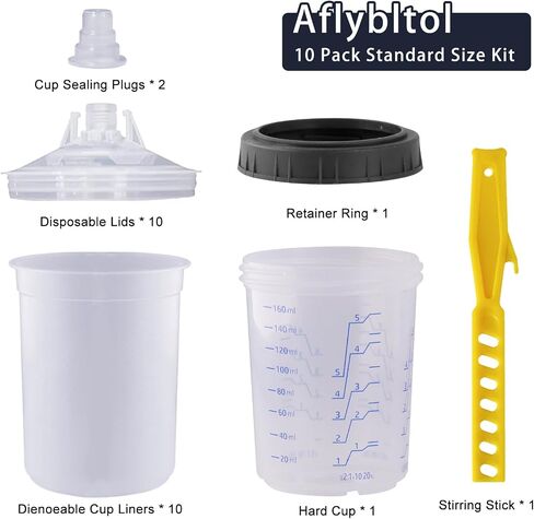 Disposable Paint Sprayer Mixing Cup for Automotive Paint Gun, HVLP Paint Spray Paint Gun 20 Ounce (600ml) Kit with 10 Cups and Lids System, 1 Hard Cup with Retainer Ring and 2 Plugs in Saudi Arabia
