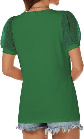 ATHMILE Womens Summer Tops V Neck T Shirts Swiss Dot Puff Sleeve Tops Loose Casual Tshirts in Saudi Arabia