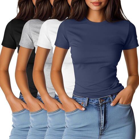 Ficerd 4 Pack Women's Short Sleve T Shirts Cotton Crew Neck Tops Tops Basic Discal in Kuwait