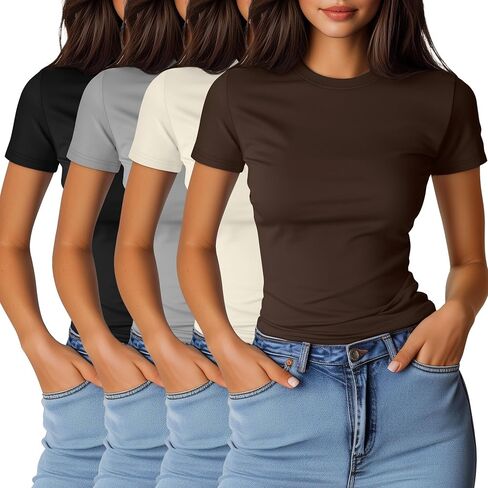 Ficerd 4 Pack Women's Short Sleve T Shirts Cotton Crew Neck Tops Tops Basic Discal in Kuwait