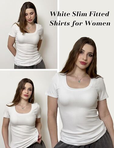 Womens Short Sleeve Tops Scoop Neck Ribbed Slim Fitted Basic Tee Shirts Cute Summer Tops 2025 Trendy Outfits in Kuwait
