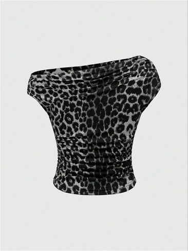 Floerns Women's Y2K Leopard Asymmetrical Neck T Shirt Sleeveless Cheetah Ruched Tee Shirts in Saudi Arabia
