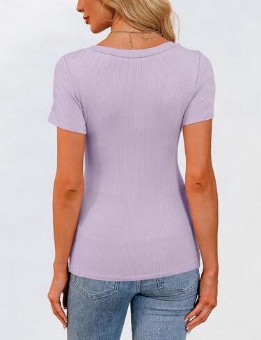 Womens Short Sleeve Tops Scoop Neck Ribbed Slim Fitted Basic Tee Shirts Cute Summer Tops 2025 Trendy Outfits in Kuwait