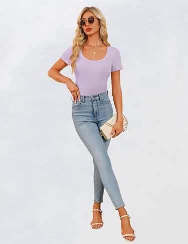Womens Short Sleeve Tops Scoop Neck Ribbed Slim Fitted Basic Tee Shirts Cute Summer Tops 2025 Trendy Outfits in Kuwait