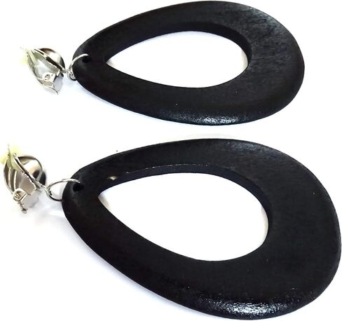 Clip-on Earrings Teardrop Earring 3 inch Hoop Wood Brown or Black Earrings Silver Tone in Saudi Arabia