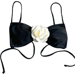 SOLY HUX Women's 3D Floral Spaghetti Strap Bikini Top Tie Back Swimsuit Tops Summer Beachwear