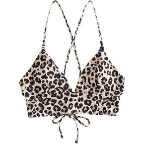 WDIRARA Women's Leopard Bikini Tops Criss Cross V Neck Swimsuit Top Tie Back Bathing Suit Top