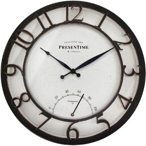 Presentime & Co 13" Farmhouse Outdoor Wall Clock w/Outdoor Thermometer, Cottage Style, Raised 3D Arabic Numerals, Oil Rubbed Bronze Finish (Wall Clock for Patio, Cottage, Poolside, Garden Spaces)