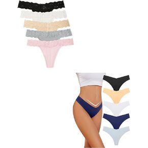voenxe Seamless Lace Thongs for Women 5 Pack and 5 Pack V Waisted No Show Ladies Panties