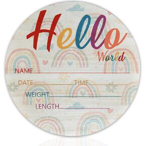 Baby Announcement Sign for Newborn Boys and Girls, Hello World Newborn Sign, Nursery Wall Decor, Baby Name Sign, Rainbow Thematic Birch Wood 6 Inch Circle Board