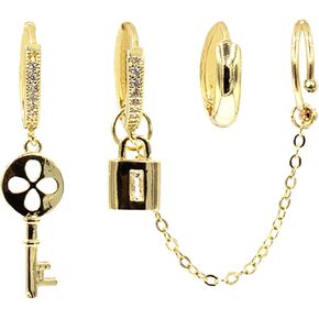 Huggie arring مجموعة سلسلة أذن الأذن - أصفاد حلق للنساء - 14K مطلي بالذهب - Zirconia التكعب الفوار - أقراط سلسلة الغضروف للنساء - Mix & Match String مجموعة