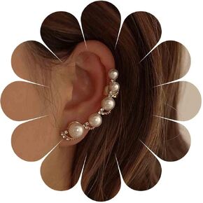 Vintage Crystal Pearl Ear Cuff Earrings Rhinestone Pearl Ear Climber Earrings Boho Cz Pearl Ear Wrap Earrings Sparkly Pearl Clip On Cuff Earrings Jewelry for Women